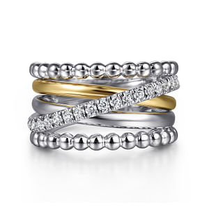 Sterling Silver/14K Yellow Gold Wide Band Bujukan Ring, 0.44carat TW White Sapphire